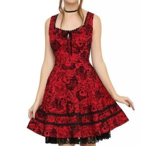 HOT TOPIC SM y2k Red Lace Dress Skull Corset Flare Lace Formal Dance Dress Black